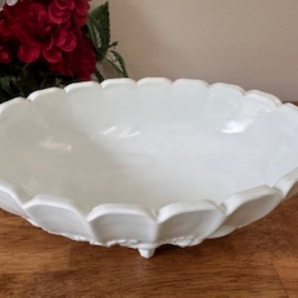 Indiana Glass Milk Glass Pedestal Bowl Fruit Motif Scalloped Footed Centerpiece‎ - Picture 3 of 5